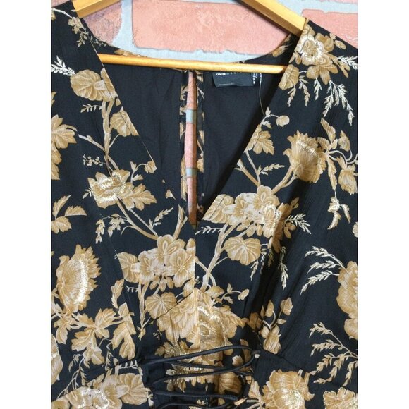 Asos Women's Floral Mini Dress Metallic Witchy Boho Lace Up Brown Black Size 16 - Picture 4 of 9